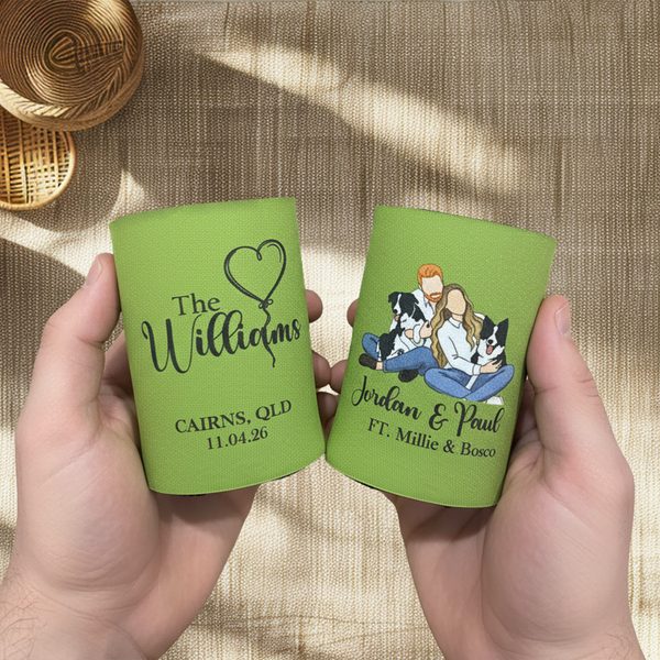 Personalised stubby coolers with a couple and their cat hand-illustrated