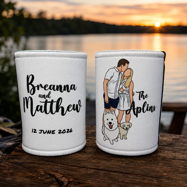 Custom stubby holders with a couple and their dog drawn in illustrated style