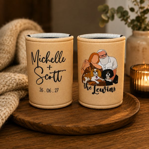Personalised stubby coolers featuring a couple and their two dogs