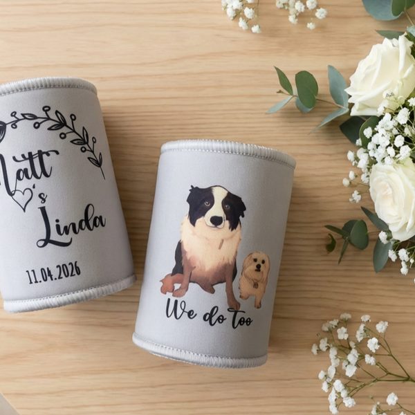 Custom stubby holders with a couple and their two dogs drawn from a photo