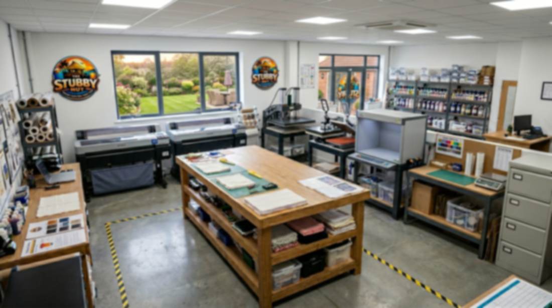 Inside The Stubby Hut's Gold Coast workshop — the timber cutting bench, sublimation printers and heat press where Maggie makes every order