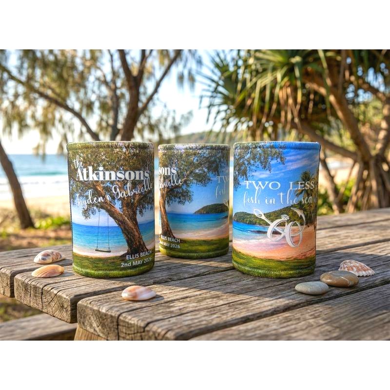 Wedding and engagement stubby coolers printed full-wrap in colour