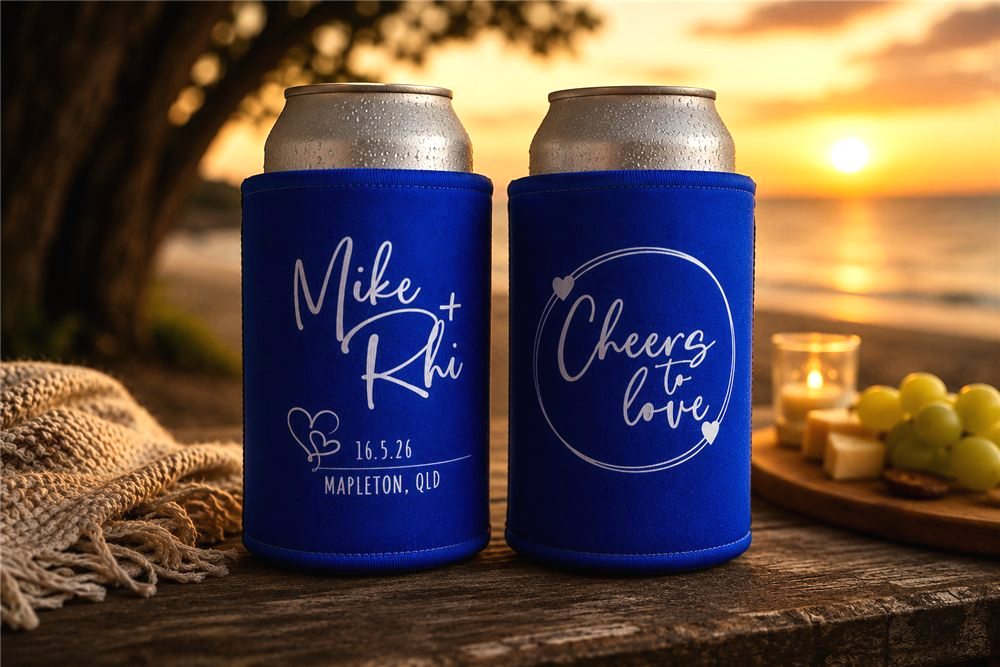 Cheers to love wedding stubby holders in royal blue