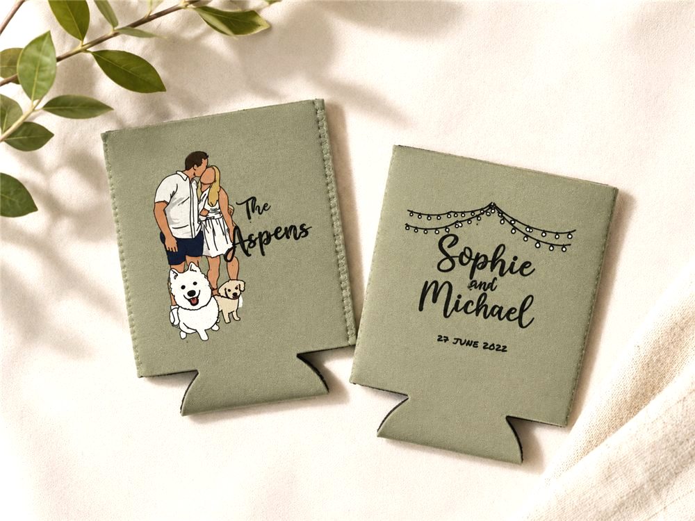 Wedding stubby holders with illustrated couple art on sage green
