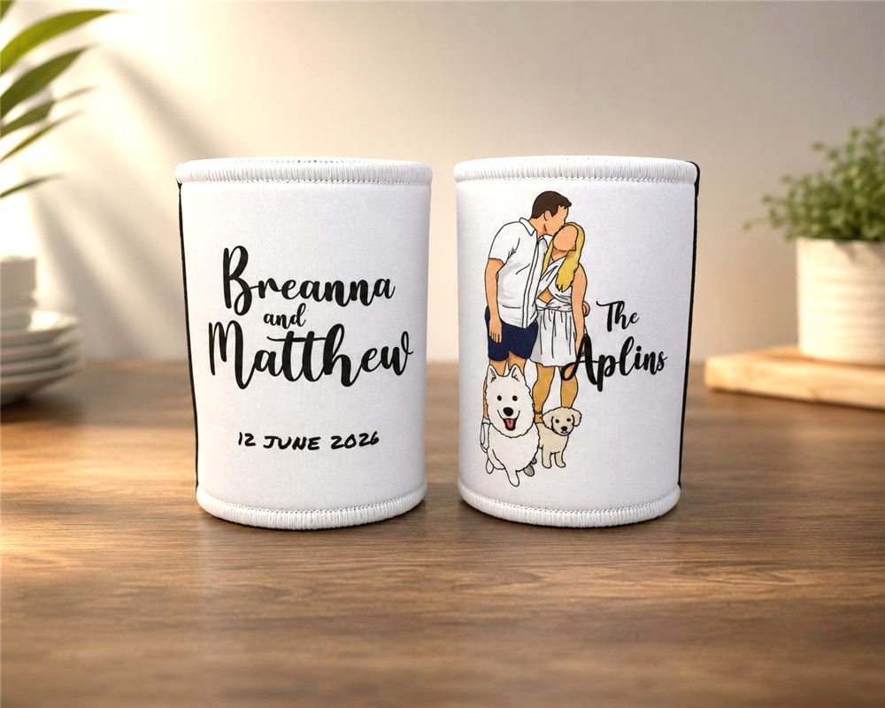 Wedding stubby holders with couple art on white
