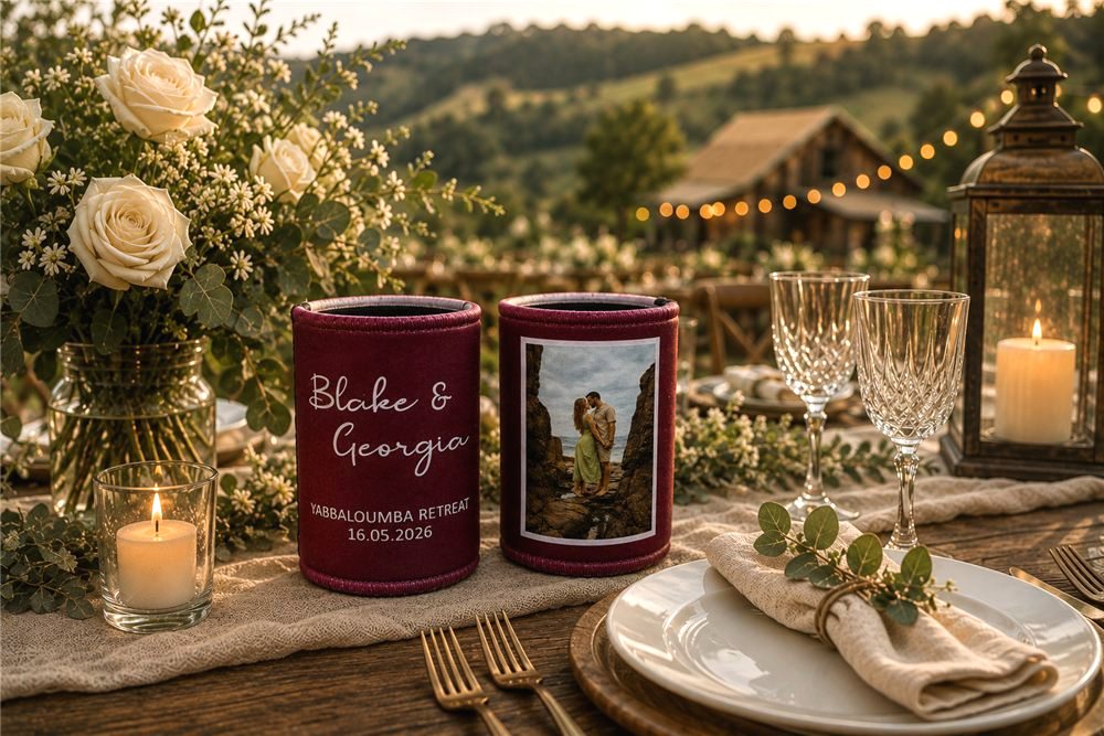 Couple photo art wedding stubby holders in burgundy