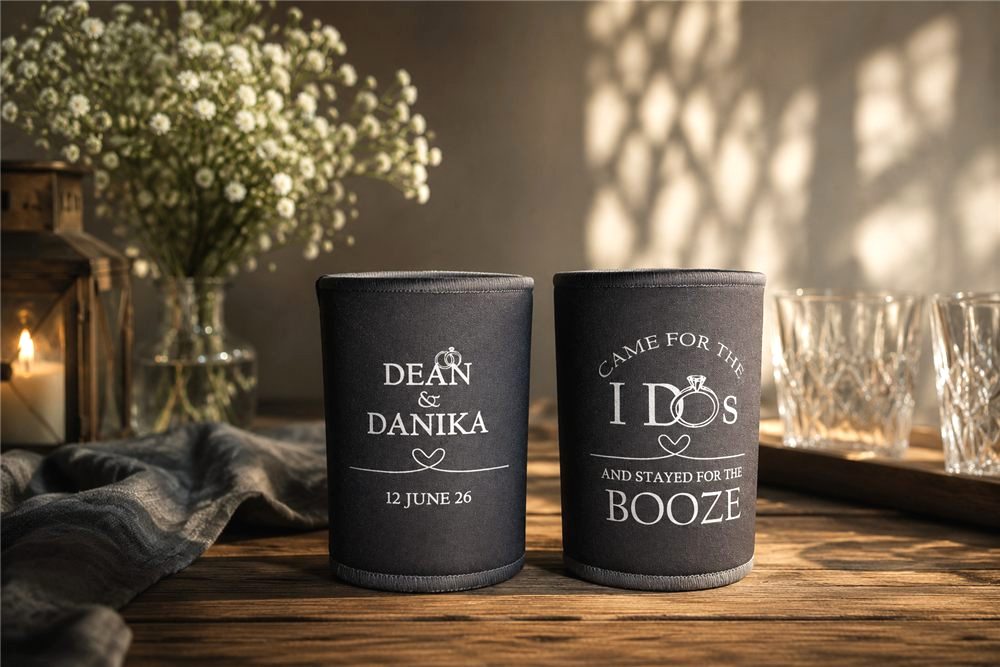 Came for the I dos wedding stubby holders in neon blue