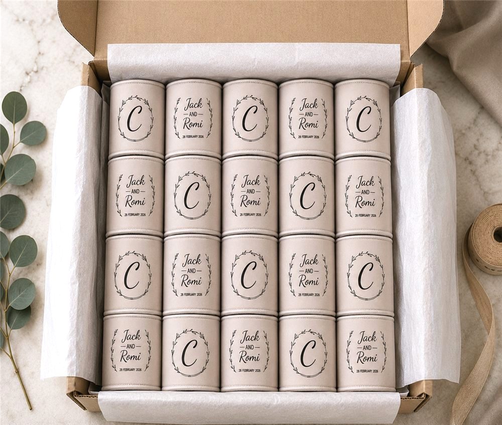 Monogram wedding stubby holders in beige