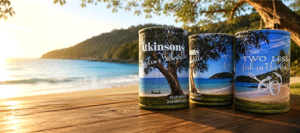 Photo wedding stubby holders from a beach wedding