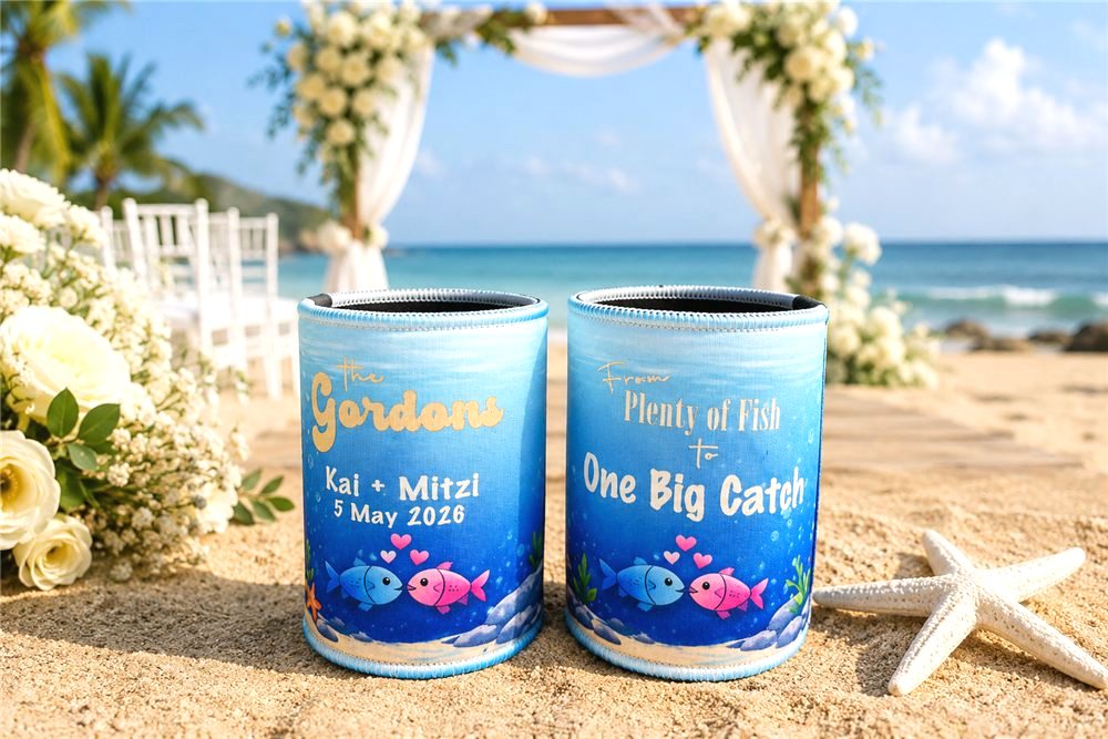 Two less fish in the sea custom wedding stubby holders