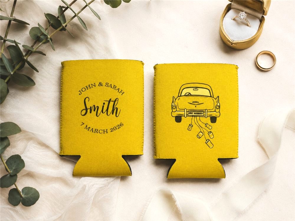 Wedding stubby holders with wedding car illustration in gold